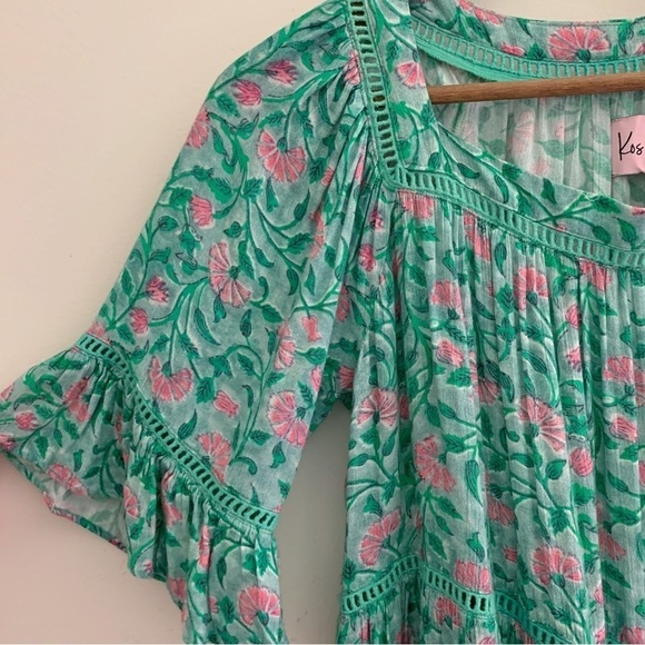 Kos Resort Floral Mini Dress XS Green Short Sleeves - Picture 4 of 9